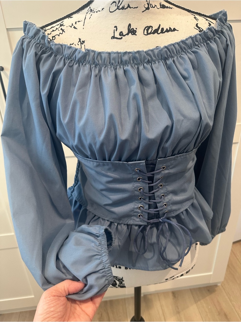Renaissance -Off-Shoulder Lace-Up Waist Peasant Top in Dusty Blue SIZE LARGE